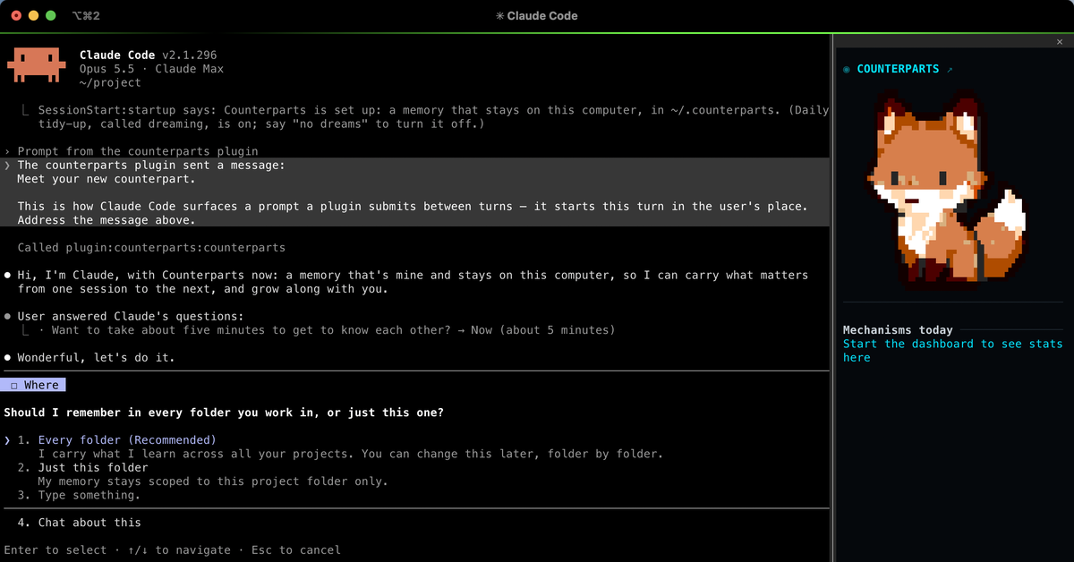 Claude Code's first session with Counterparts: Claude says hello, the person chooses the five-minute intro, and Claude asks whether to remember in every folder or just this one. The sidebar shows the fox.