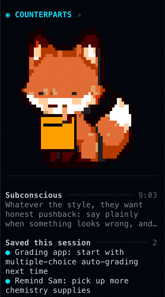 The Counterparts sidebar: the pixel fox holds an orange notepad, and Saved this session lists two notes, a plan for the grading app and a reminder to pick up chemistry supplies.